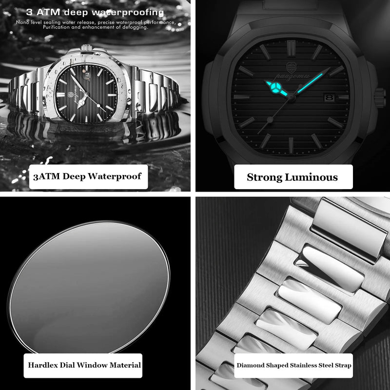 PAAZOMU Luxury Man Wristwatch Waterproof Luminous Chronograph Watch for Men Stainless Steel Men's Quartz Watches reloj hombre